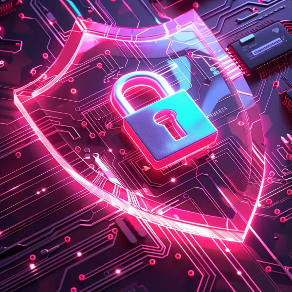 3D illustration of A shield with padlock surrounded by circuit board, pink color gradient background, isometric design, grand scene, dark lighting, c4d rendering, surrealism, digital art technology, abstract style, cyber security concept --ar 2:3 Job ID: ccc5f096-e161-454f-abf6-7faf4623962d